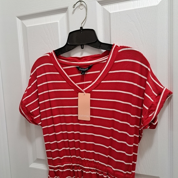New! Yummie Striped Dress Red And White Stripes V-neck Small Short Sleeved Dress - Picture 8 of 11